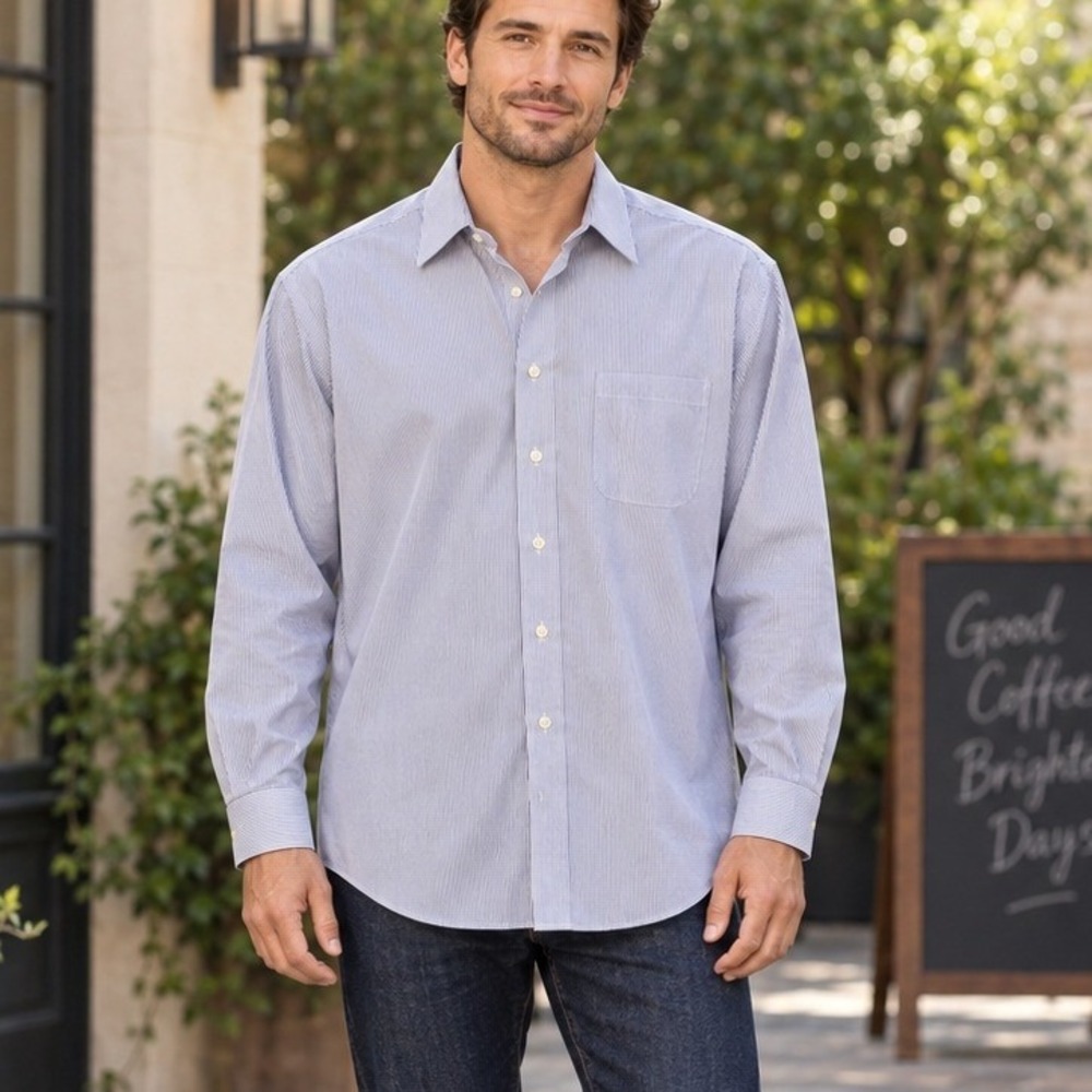 Jos. A. Bank Traveler's Collection Blue White Striped Shirt Mens 15.5-32 Preppy